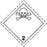 ADR label 2.3: skull and crossbones on a white diamond, class number 2