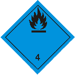 ADR label 4.3: black flame on a blue diamond, class number 4