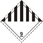 ADR label 9: black vertical stripes on the upper half of a white diamond, underlined class number 9