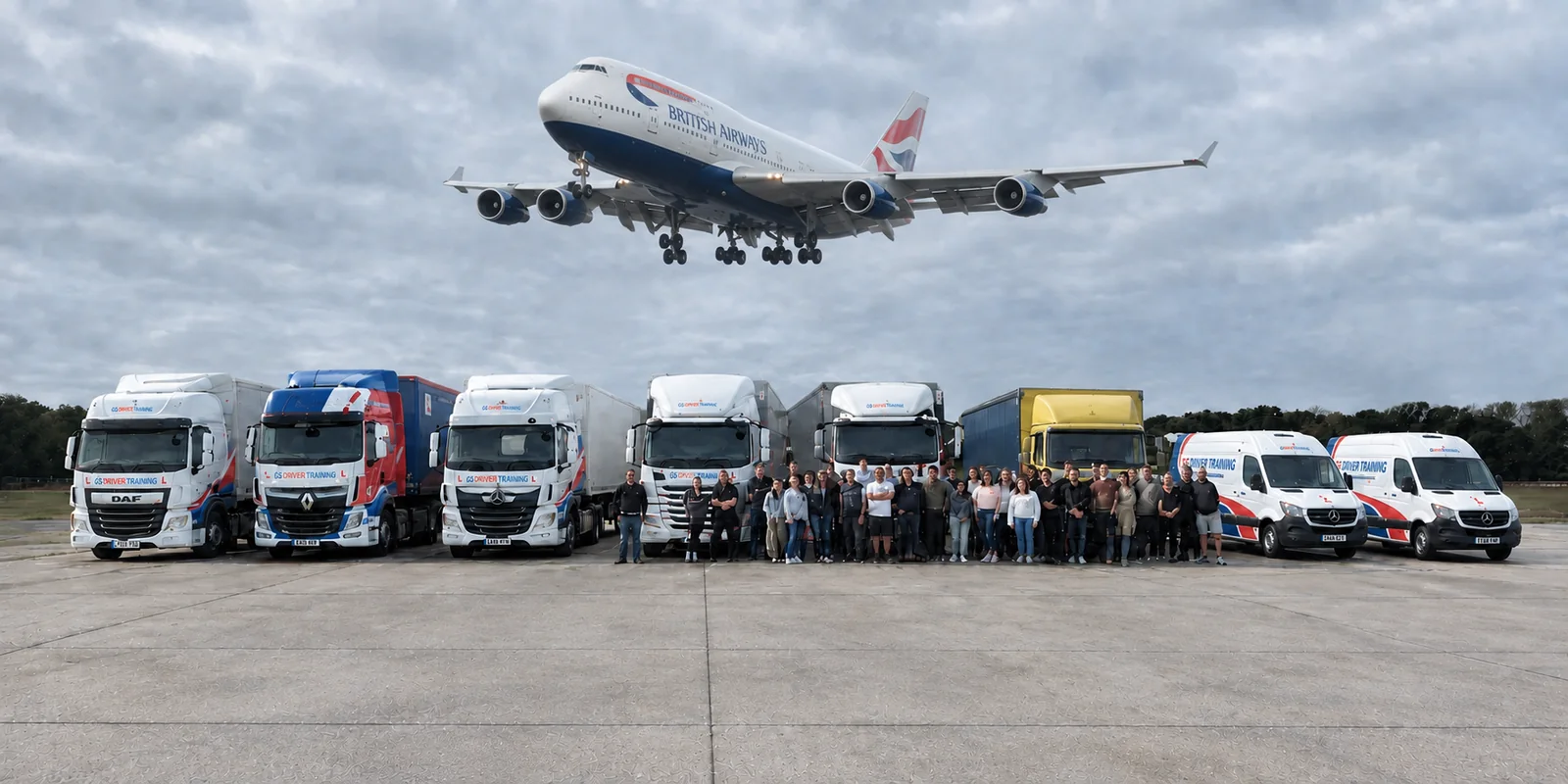 Digital promotional composite based on the Velocity Transport Planning corporate HGV experience photograph beneath a British Airways Boeing 747